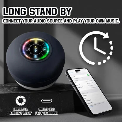 Black spherical portable wireless bluetooth speaker with colorful ambient lighting and ipx4 waterproof suction cup design