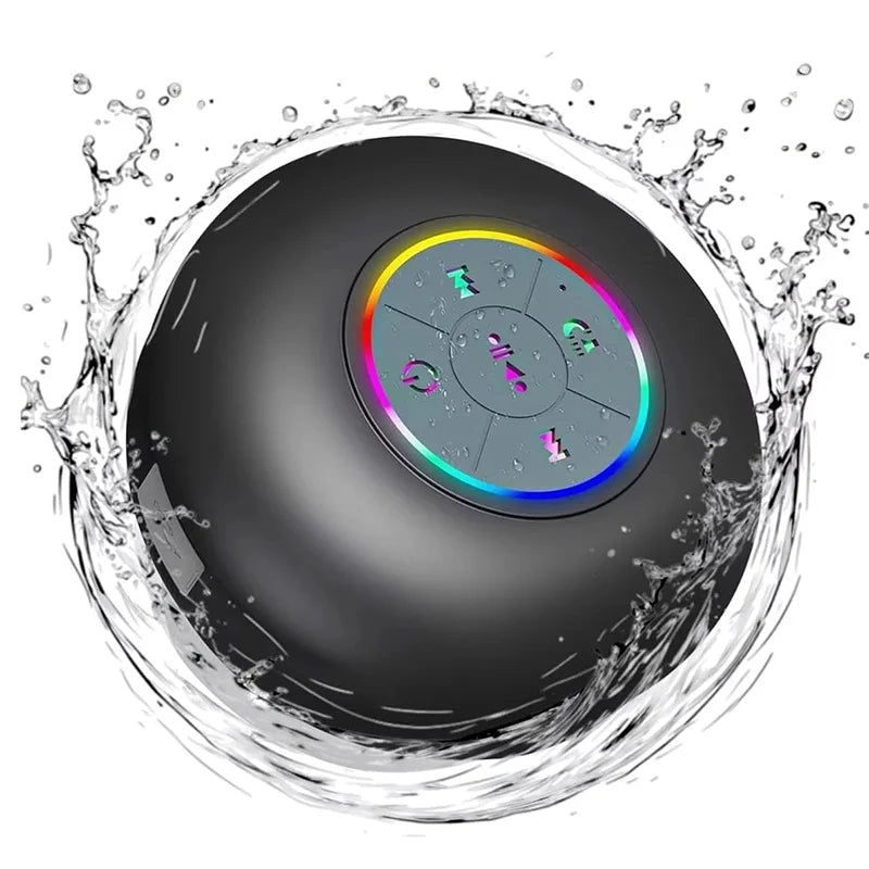 Black spherical portable wireless bluetooth speaker with ipx4 waterproof rating and suction cup featuring colorful touch panel