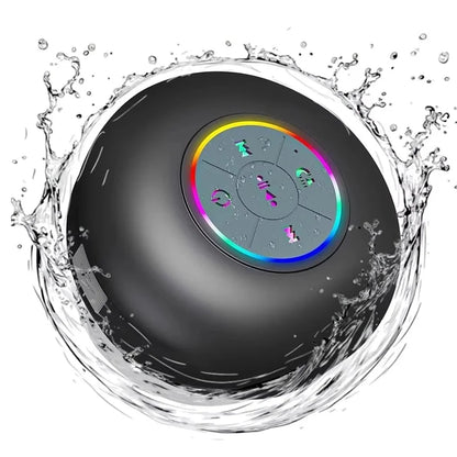Black spherical portable wireless bluetooth speaker with ipx4 waterproof rating and suction cup featuring colorful touch panel