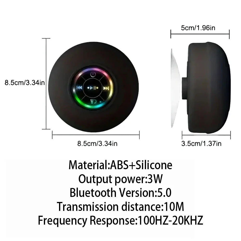 Black circular portable wireless bluetooth speaker with colorful illuminated control panel abs silicone ipx4 waterproof suction cup