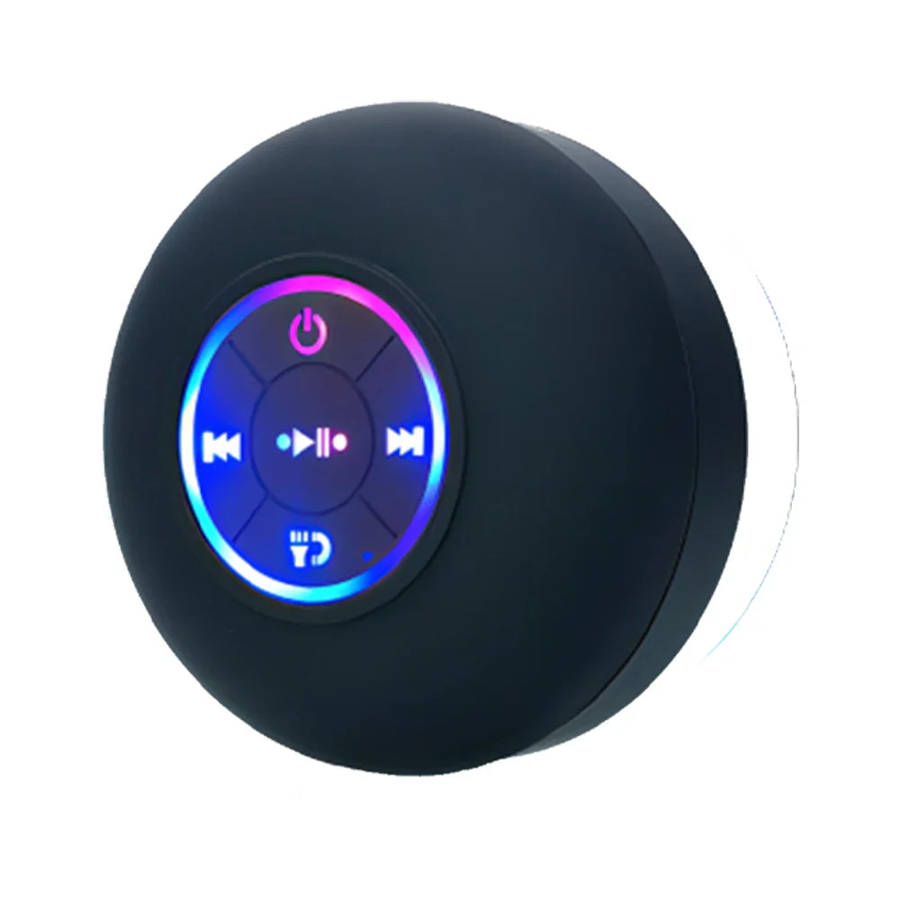 Black circular ipx4 waterproof bluetooth shower speaker with suction cup and illuminated control buttons with purple-blue ring