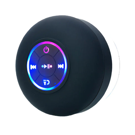Black circular ipx4 waterproof bluetooth shower speaker with suction cup and illuminated control buttons with purple-blue ring