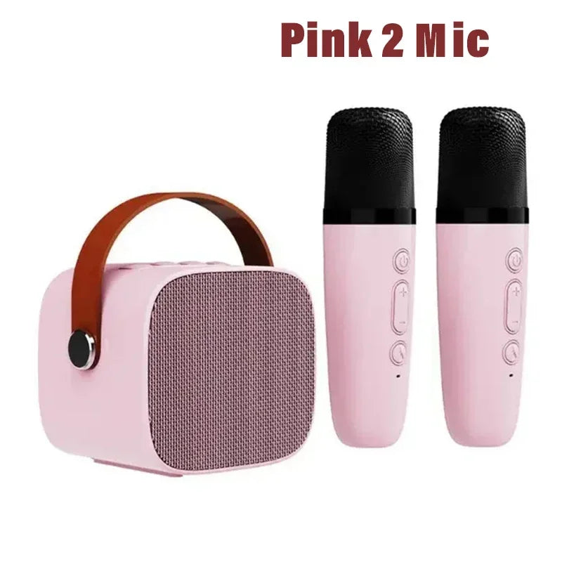 Pink portable wireless dual microphones karaoke machine homektv with bluetooth speaker hifi and brown leather handle