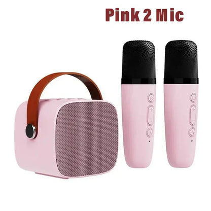Pink portable wireless dual microphones karaoke machine homektv with bluetooth speaker hifi and brown leather handle