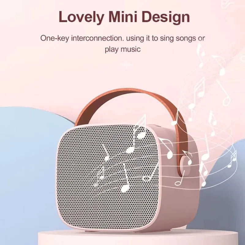 Pink portable bluetooth speaker with brown leather handle and mesh grille for karaoke machine homektv and wireless dual microphones