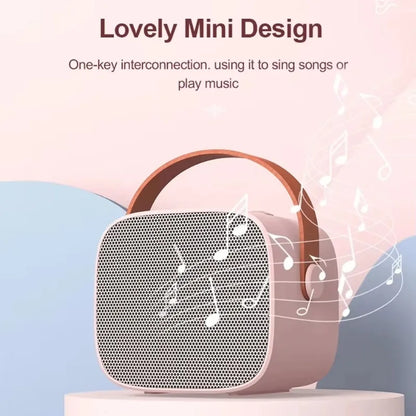 Pink portable bluetooth speaker with brown leather handle and mesh grille for karaoke machine homektv and wireless dual microphones