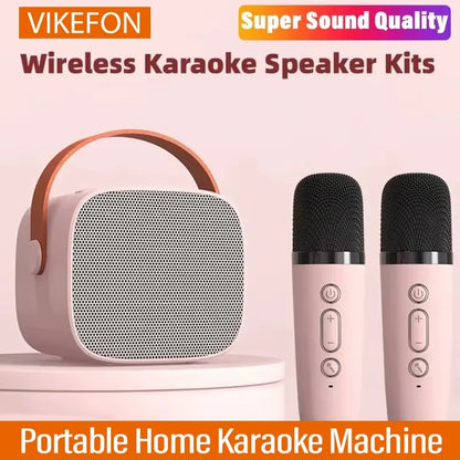 Pink vikefon wireless karaoke machine homektv with brown leather handle and wireless dual microphones bluetooth speaker hifi