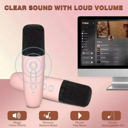 Pink wireless handheld microphone with black mesh grille and control buttons for karaoke machine homektv bluetooth speaker hifi system
