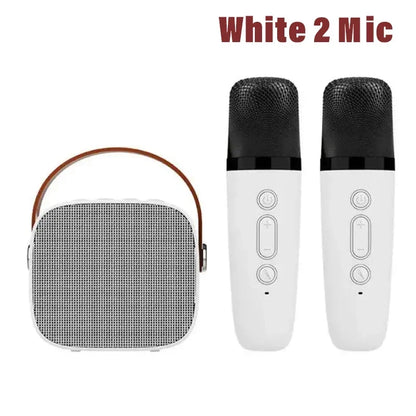 White portable wireless dual microphones karaoke machine homektv with brown leather handle and black mesh bluetooth speaker hifi