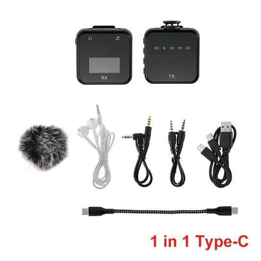 Black square wireless lavalier microphone audio set with furry windscreen earbuds and usb-c cables for video voice recording