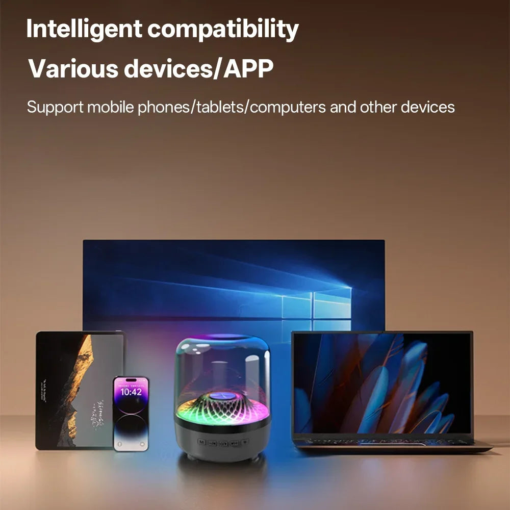 A sleek transparent glass theater speaker subwoofer with colorful acoustic breathing lamp and multiple usb ports at base