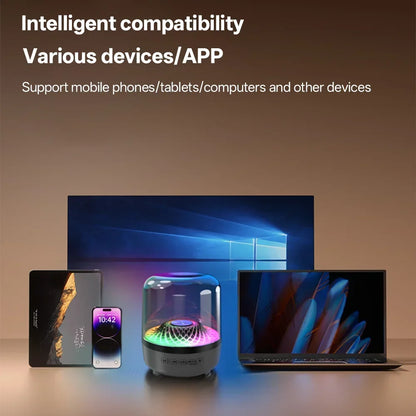 A sleek transparent glass theater speaker subwoofer with colorful acoustic breathing lamp and multiple usb ports at base