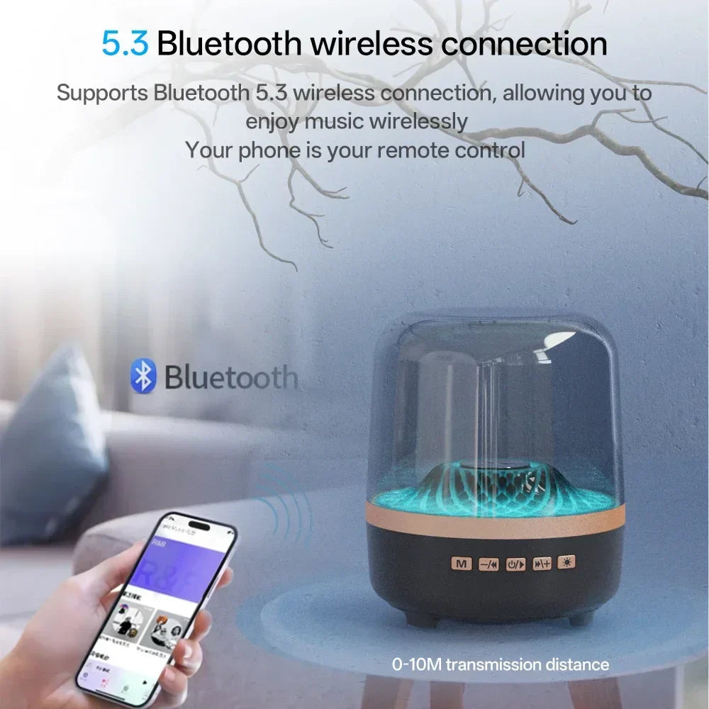 Portable wireless soundbar theater speaker subwoofer with transparent glass dome and teal acoustic breathing lamp light