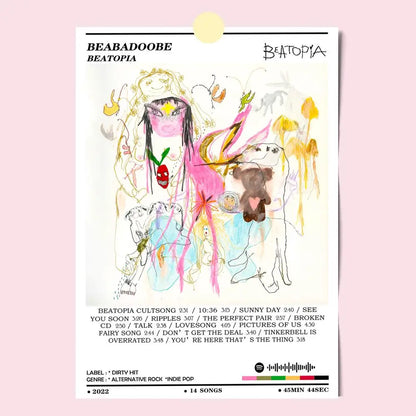 Colorful hand-drawn modern graphic poster of beabadoobee beatopia album with track listings on white background