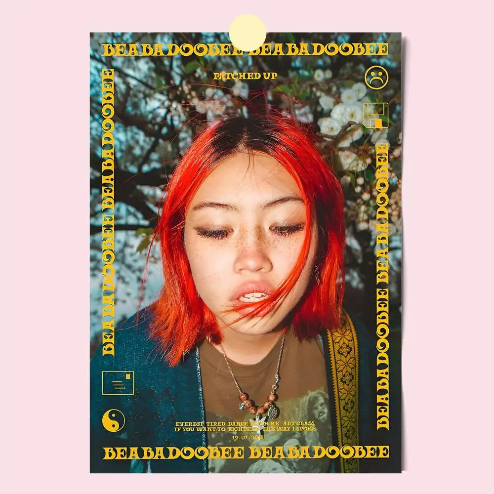 A vibrant red-haired woman in a dark blue jacket featured in a modern graphic poster for anime and music home decor