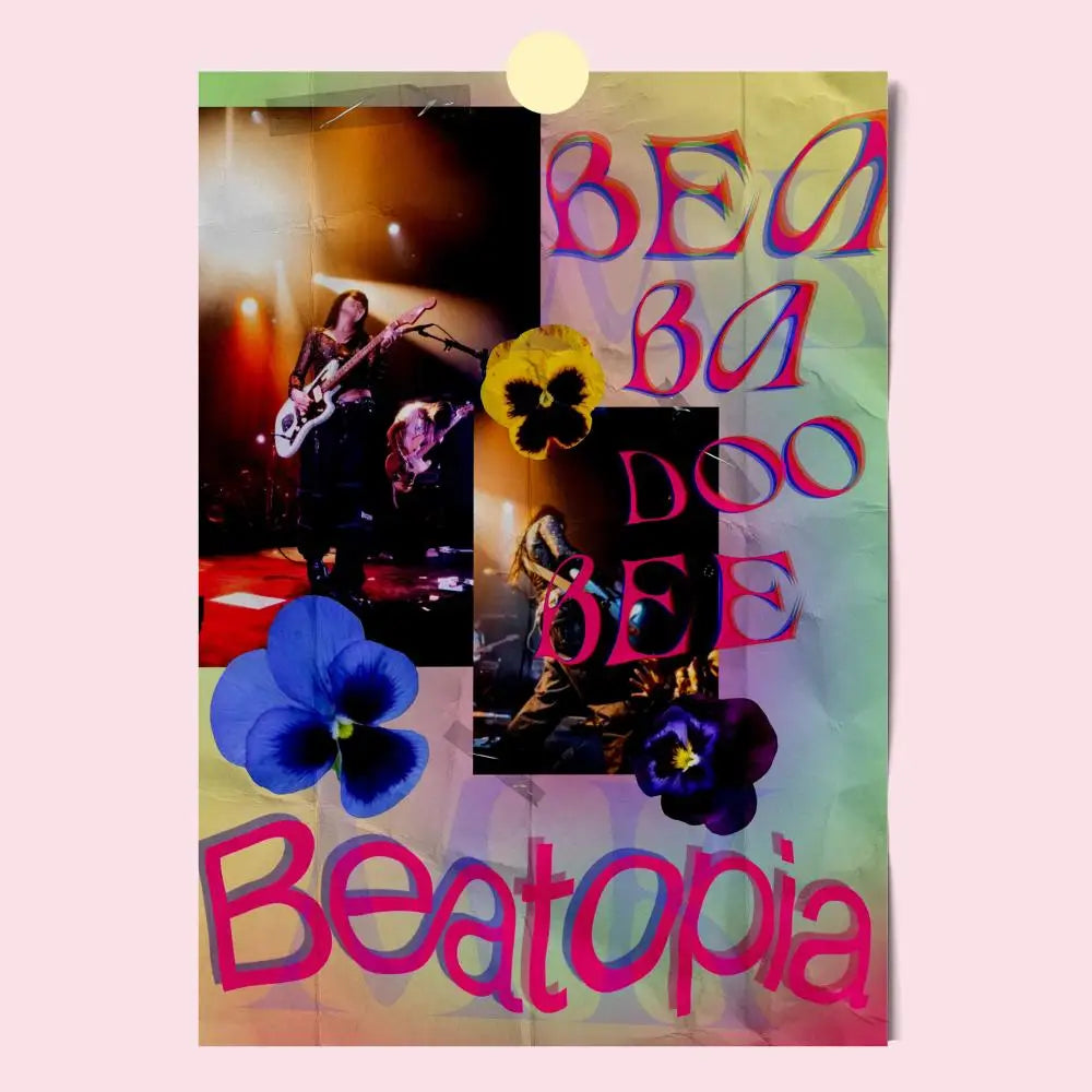 Vibrant collage poster featuring band on stage with pink purple lettering yellow blue pansy flowers modern graphic design