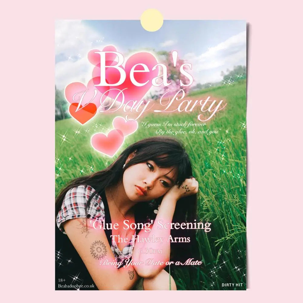 Pink heart-themed modern graphic poster featuring bea’s v day party and woman in plaid shirt for home decor