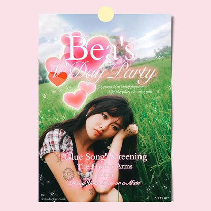 Pink heart-themed modern graphic poster featuring bea’s v day party and woman in plaid shirt for home decor