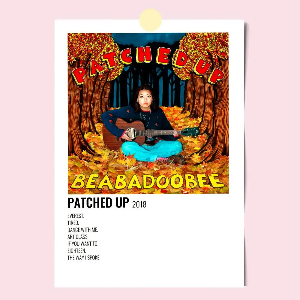 A modern graphic poster of a woman with guitar in blue pants among autumn leaves for beabadoobee music decor