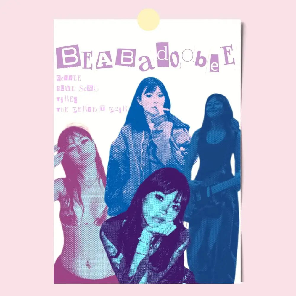 A modern graphic poster with bold purple and blue pop-art design featuring four women and beabadobe text for home decor