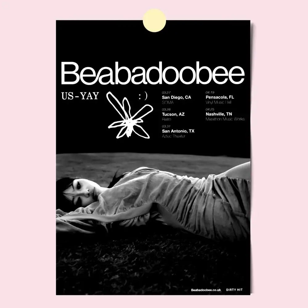 Black and white modern graphic promotional poster for beabadoobee us-yay tour with stylized bee logo for home decor