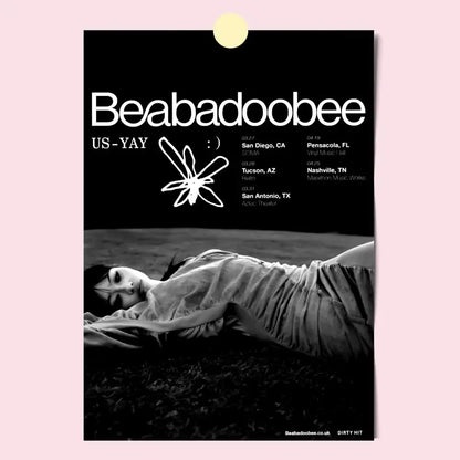 Black and white modern graphic promotional poster for beabadoobee us-yay tour with stylized bee logo for home decor