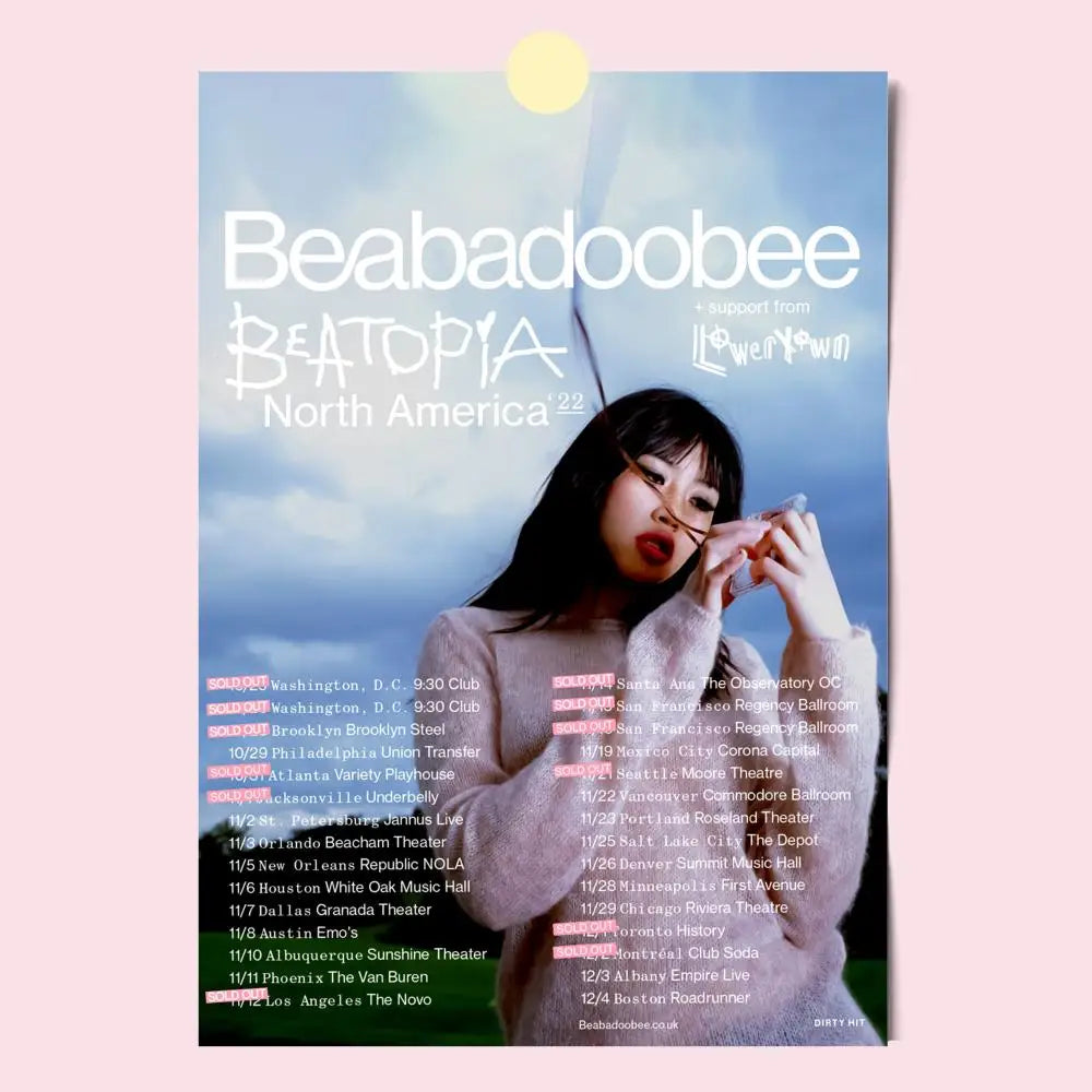 Beabadoobees north america 2022 tour poster with modern graphic white typography and soft pink sweater on sky-blue background
