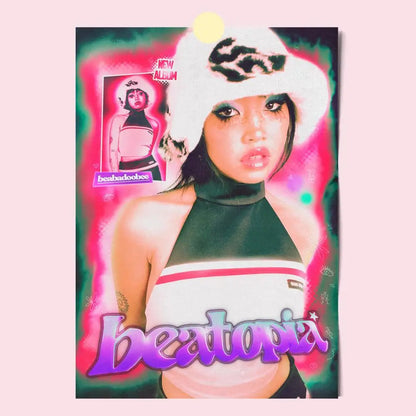 A modern graphic poster featuring a woman in a white fur-trimmed hat with the purple beatopia title