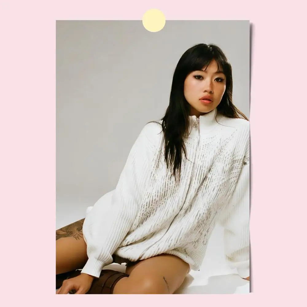 White textured knit sweater with high collar long sleeves featuring modern graphic design for anime hot theme fans