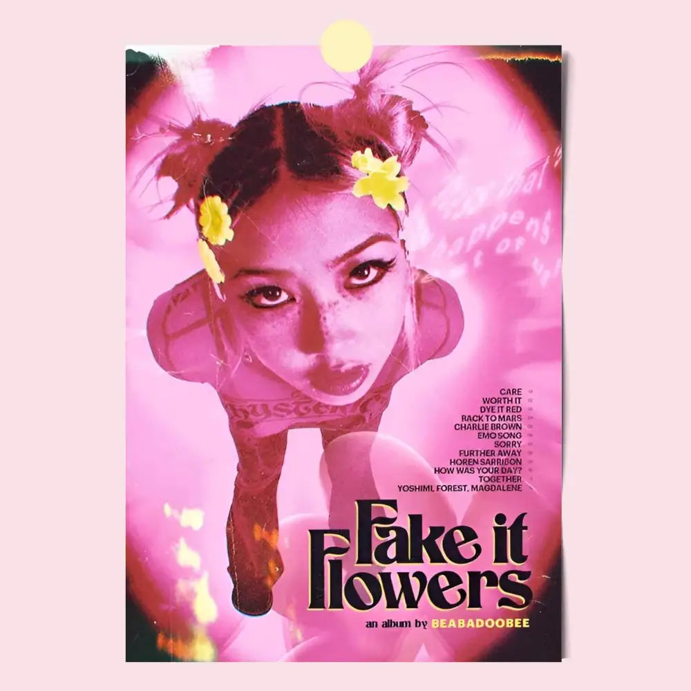 Pink poster featuring modern graphic album cover of beabadoobee fake it flowers with yellow flowers in hair