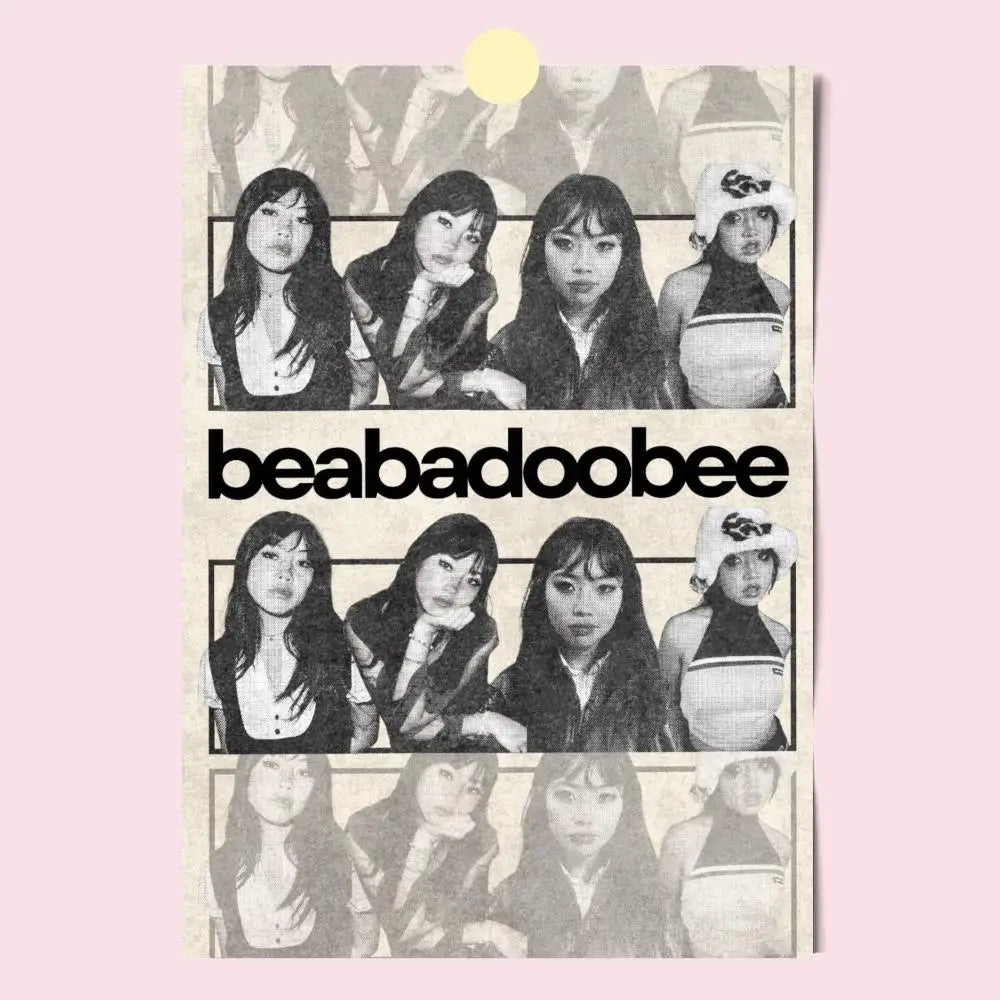 Black and white modern graphic collage poster of beabadoobee with bold sans-serif name for home decor use