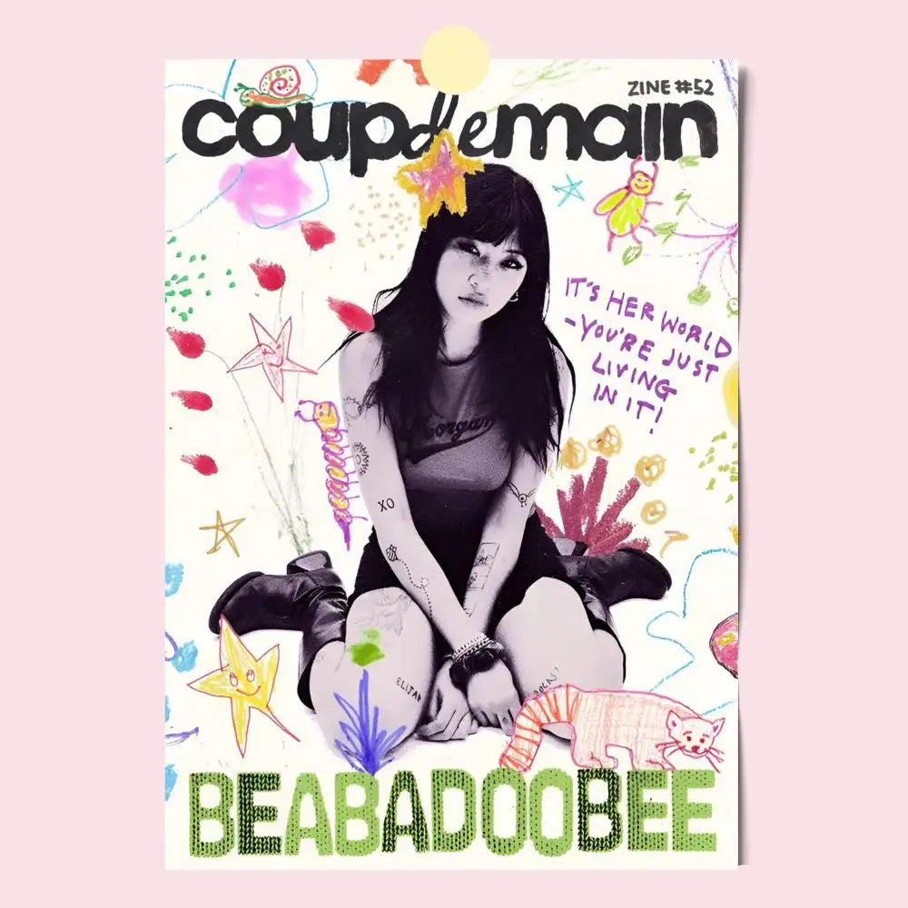 Black and white modern graphic poster featuring a tattooed woman with dark hair and colorful hand-drawn background design