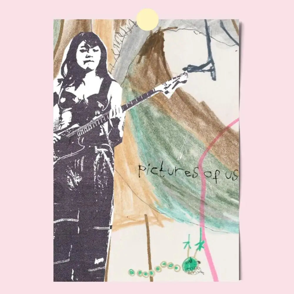 Stylized mixed-media poster featuring a black and white woman playing guitar with earthy watercolor background modern graphic design
