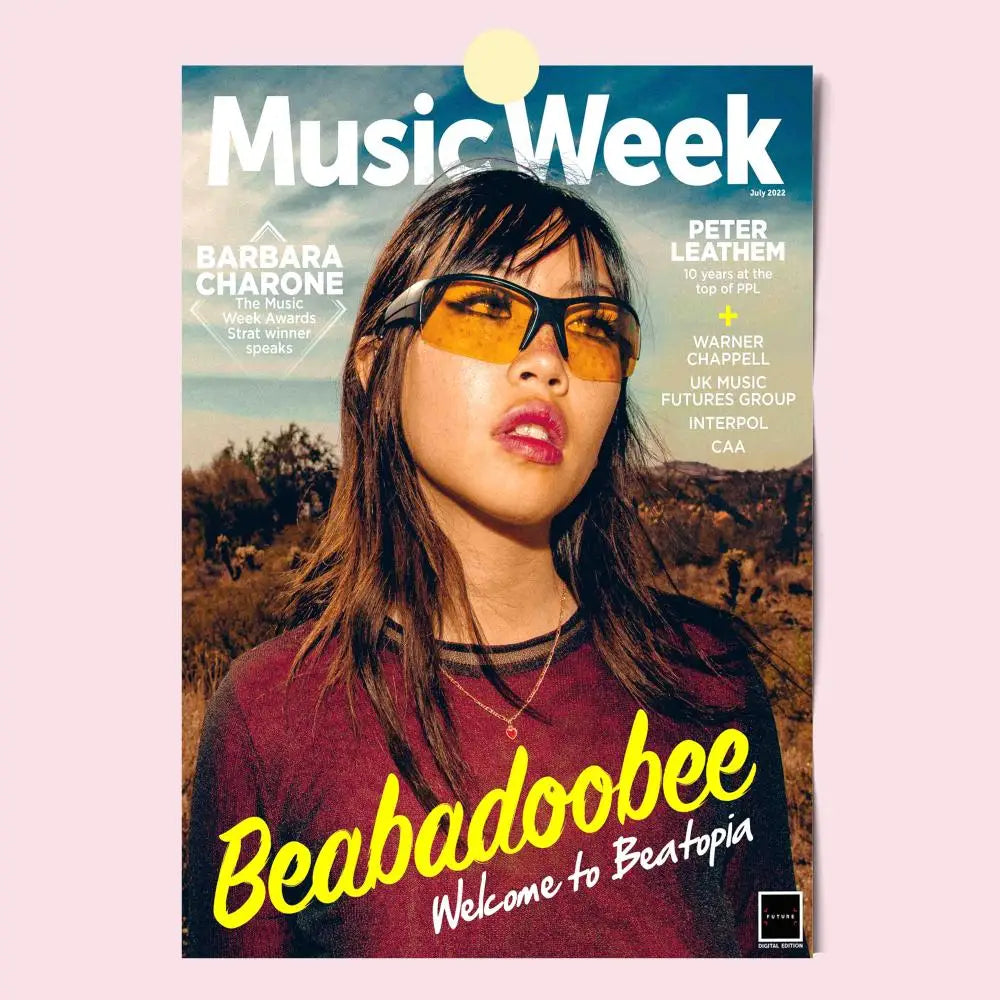 Musicweek magazine cover poster featuring beabadoobee in maroon top and yellow sunglasses with modern graphic style