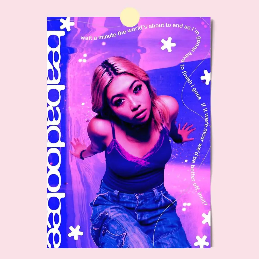 Purple and blue modern graphic poster featuring a woman in denim jeans with babadoobe brand name for home decor