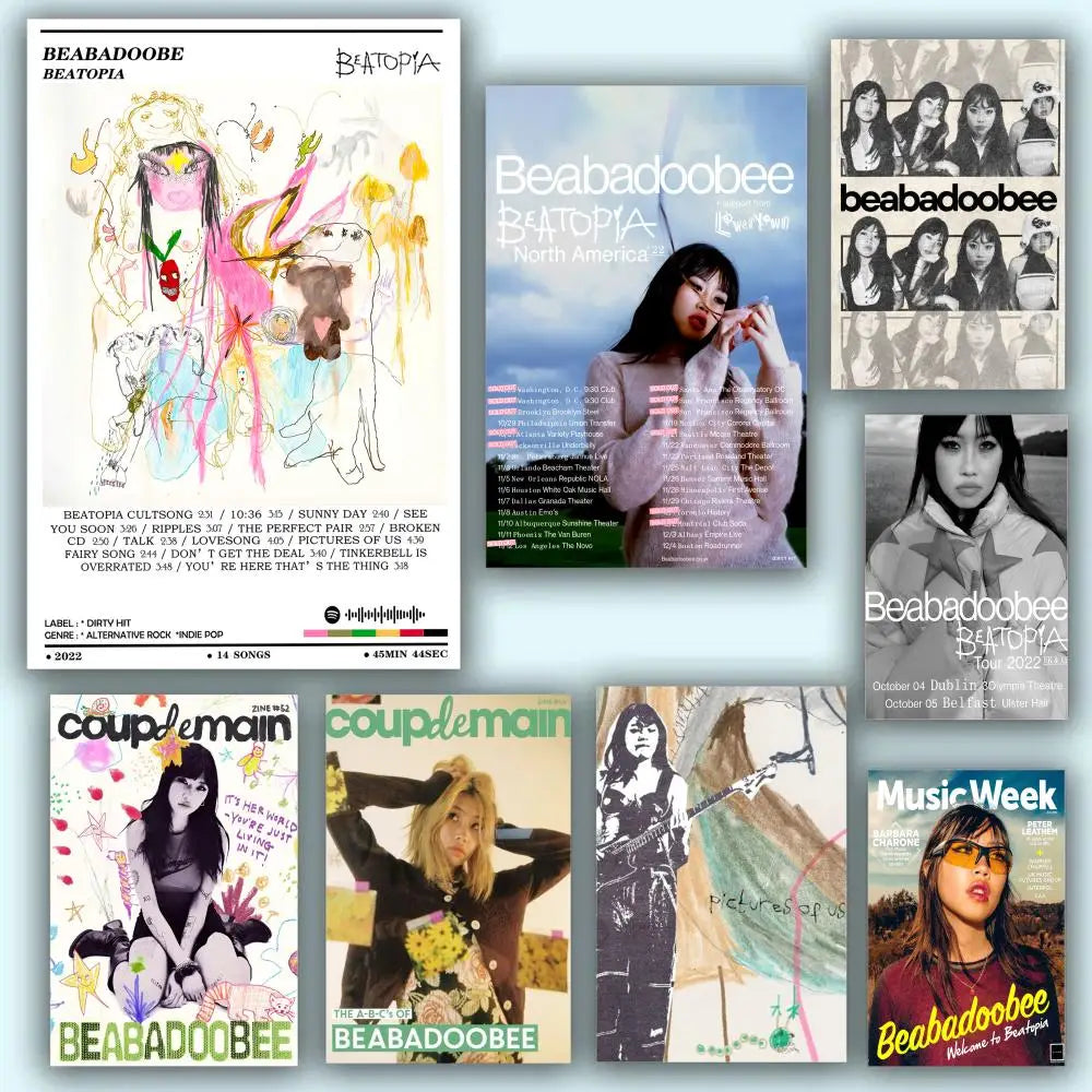 Beabadoobee beatopia north america tour poster featuring a modern graphic portrait in soft pink beige and blue tones