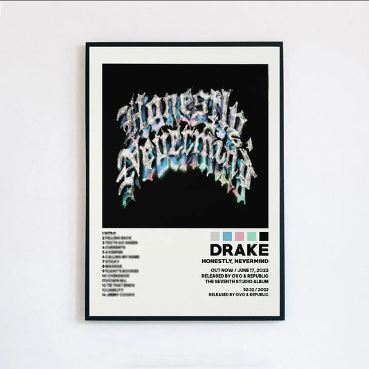 Black-framed canvas painting of honesty nevermind album title in colorful graffiti on black background for home decor