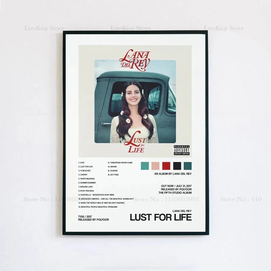 Black-framed lana del rey lust for life album poster with beige background red and black text and vintage green truck image