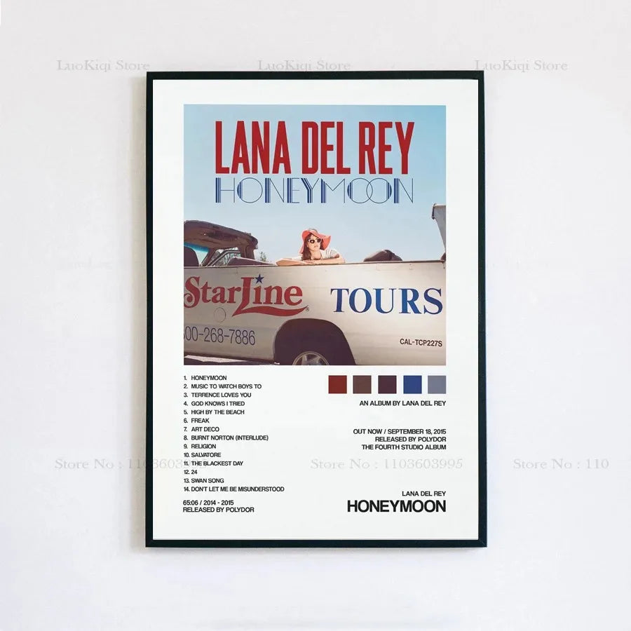 Black-framed poster print of lana del rey honeymoon album art with red and blue text and vintage truck illustration for home decor