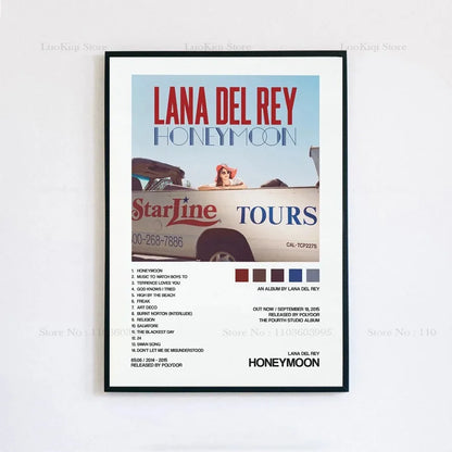 Black-framed poster print of lana del rey honeymoon album art with red and blue text and vintage truck illustration for home decor