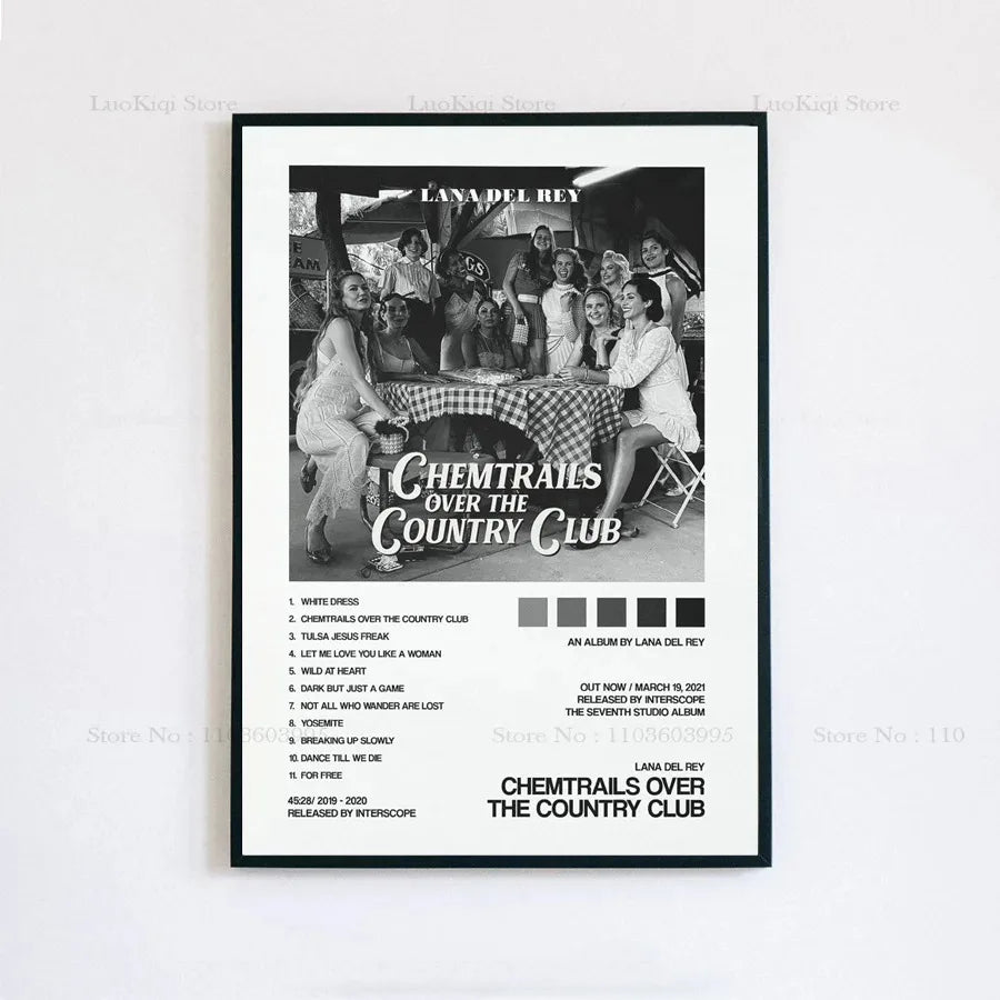 Black and white framed poster print of lana del rey chemtrails over the country club album cover with group photo and tracklist