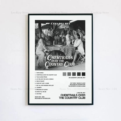 Black and white framed poster print of lana del rey chemtrails over the country club album cover with group photo and tracklist