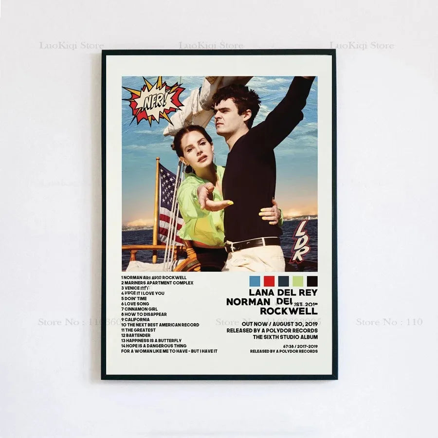 Black-framed poster print featuring lana del rey and norman reedus on a boat with ultraviolence album cover design