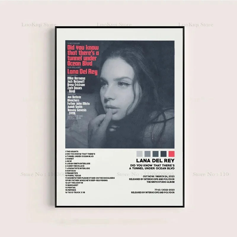 Black-and-white framed poster print featuring lana del rey with red text and tracklist for did you know that theres a tunnel under ocean blvd album wall art