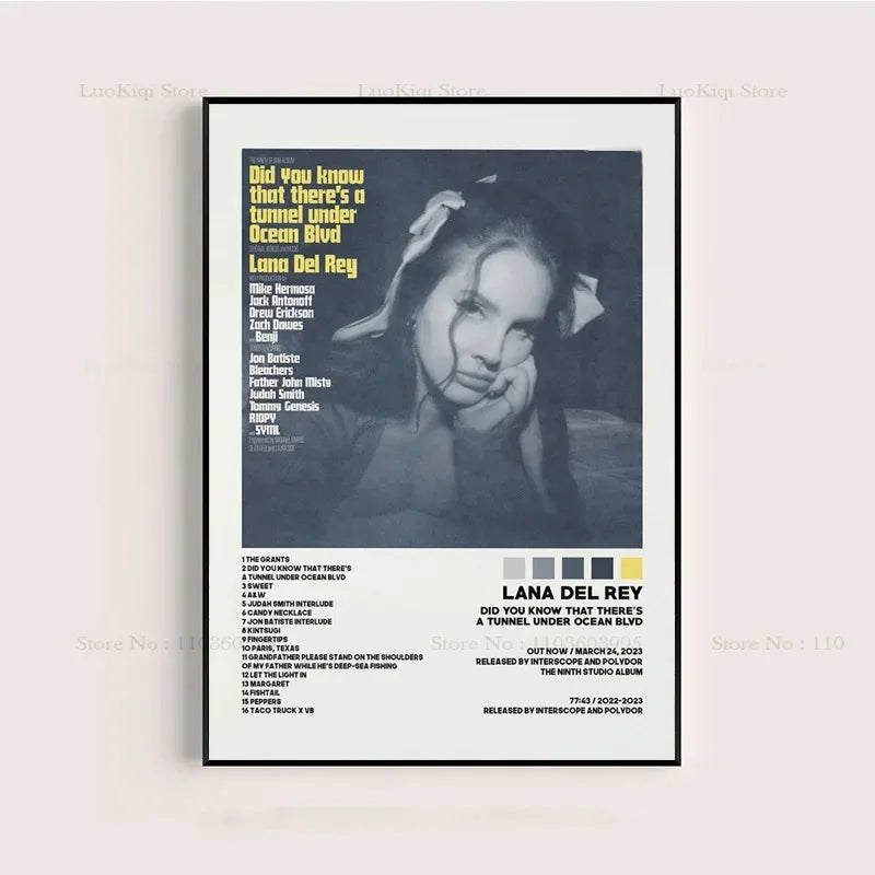 Black and white framed poster print of lana del rey ultraviolence album tracklist vintage magazine style wall art