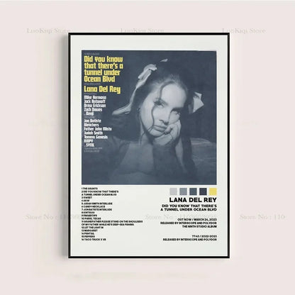 Black and white framed poster print of lana del rey ultraviolence album tracklist vintage magazine style wall art