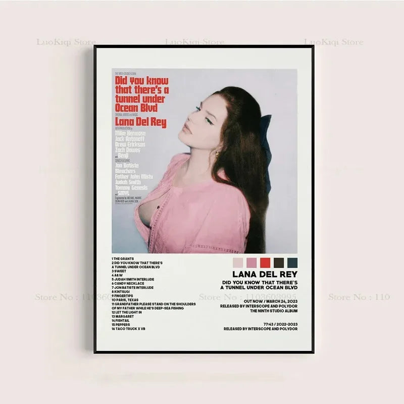 A framed poster print of lana del rey in a pink top with color swatches promoting did you know that theres a tunnel under ocean blvd album artwork