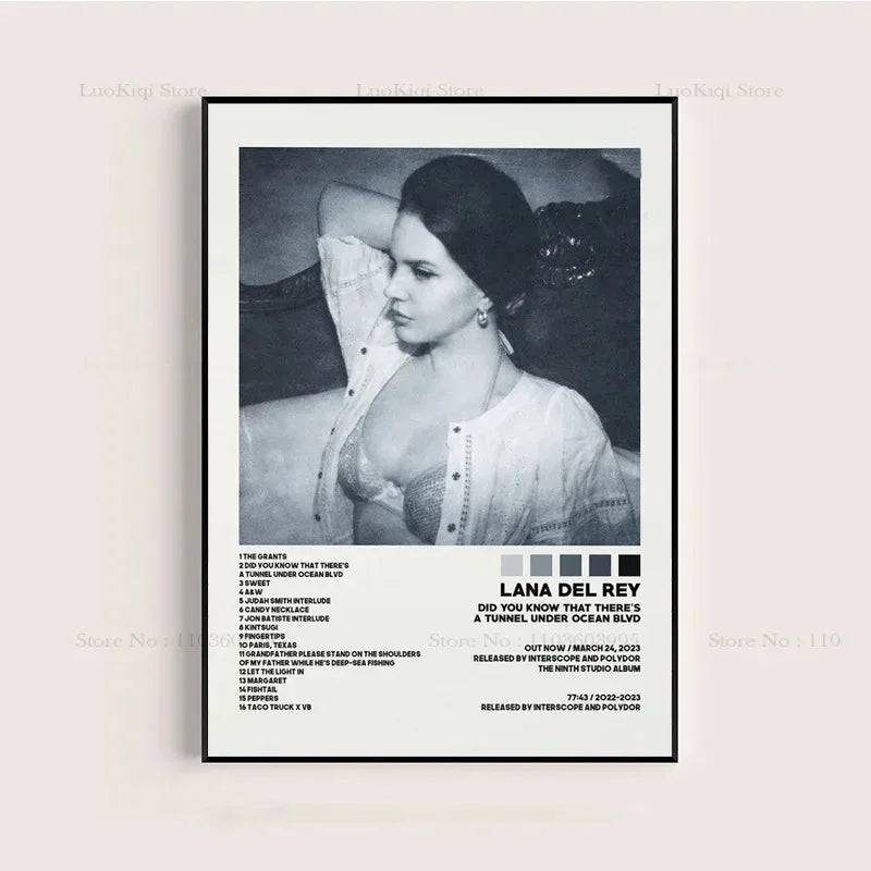 Black and white framed poster print of lana del rey a tunnel under ocean blvd album tracklist for home decor
