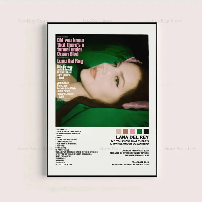 Black-framed poster print featuring lana del rey with green background and pink text displaying album details for did you know that theres a tunnel under ocean blvd canvas wall art for living room decor