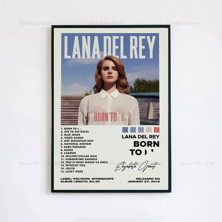 Poster print of lana del rey born to die album with beige collared shirt design framed in black for home decor